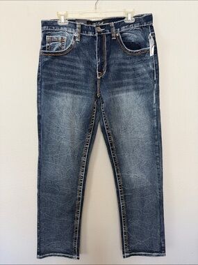 True Luck Men's Straight Jeans in Distressed Dark Blue - Classic Fit 34/32